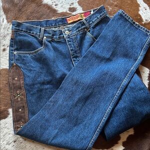 Blue Denim Vintage Jeans with Brown Floral Details